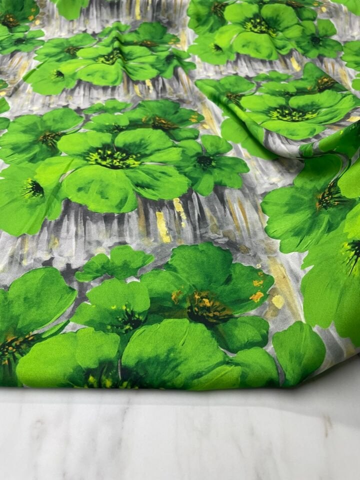 Yeşil Geranium Desen Elbiselik Gömleklik Krep Kumaş