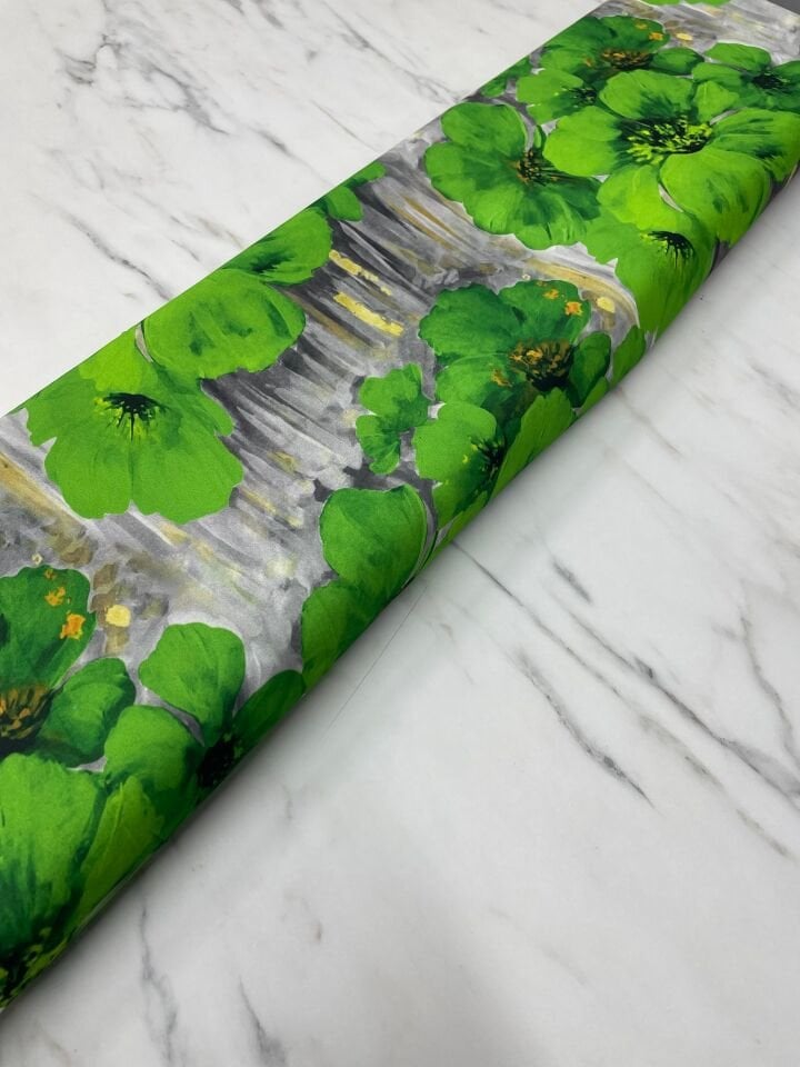 Yeşil Geranium Desen Elbiselik Gömleklik Krep Kumaş