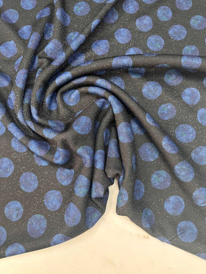 Mavi Puantiye Desen Simli Triko Elbise Etek Hırka