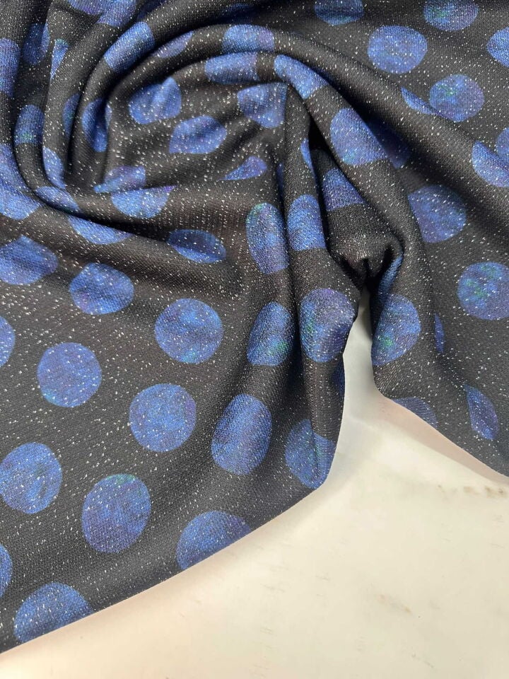 Mavi Puantiye Desen Simli Triko Elbise Etek Hırka