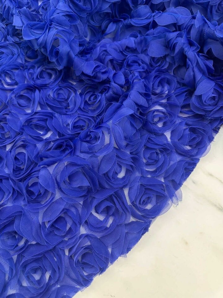 Mavi Renk 3 Boyutlu Gül Desen Elbise Etek Ceket