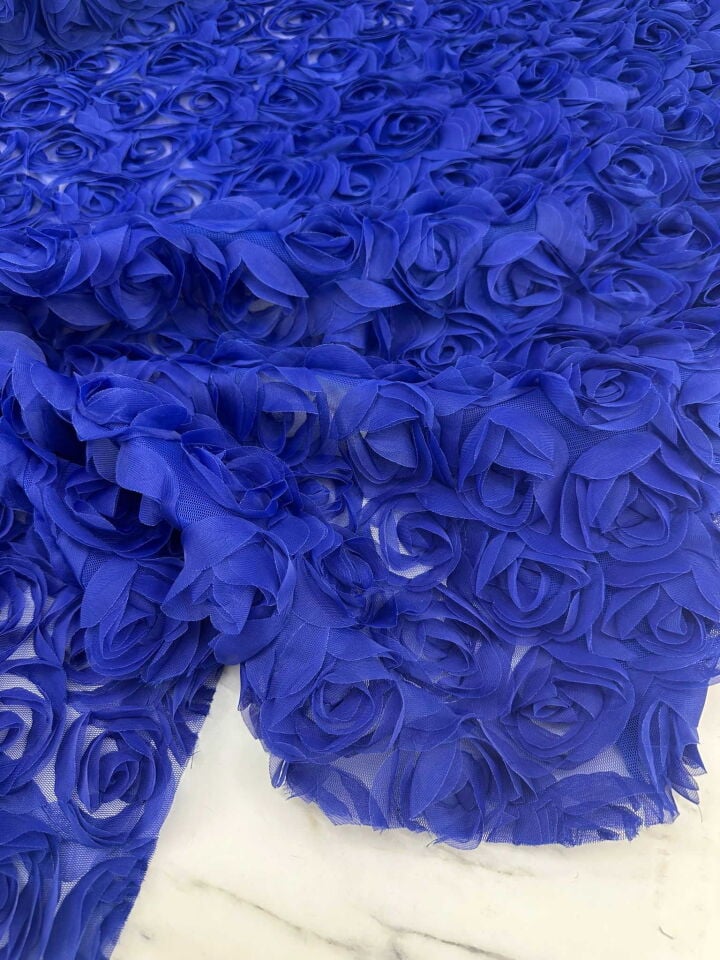 Mavi Renk 3 Boyutlu Gül Desen Elbise Etek Ceket