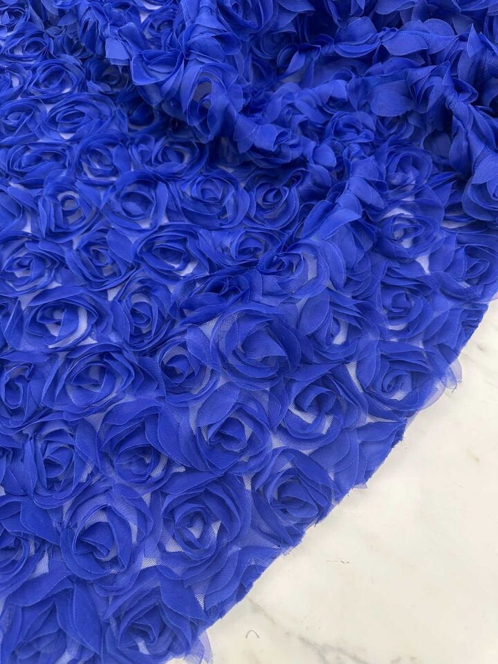 Mavi Renk 3 Boyutlu Gül Desen Elbise Etek Ceket