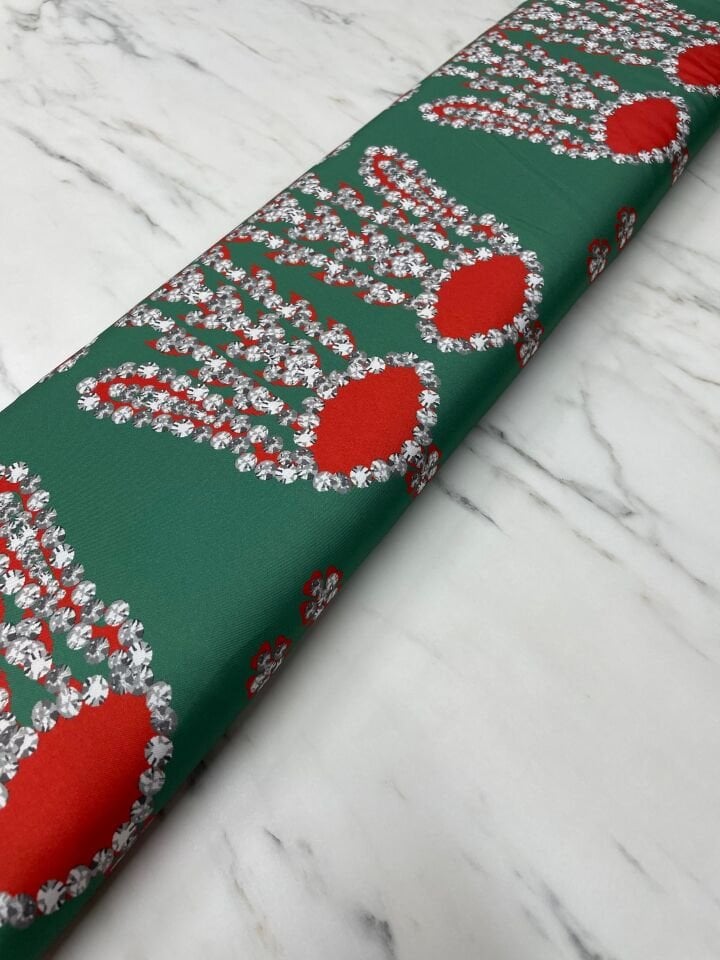 Yeşil İkat Desen Elbiselik Gömleklik Tivil Saten Kumaş