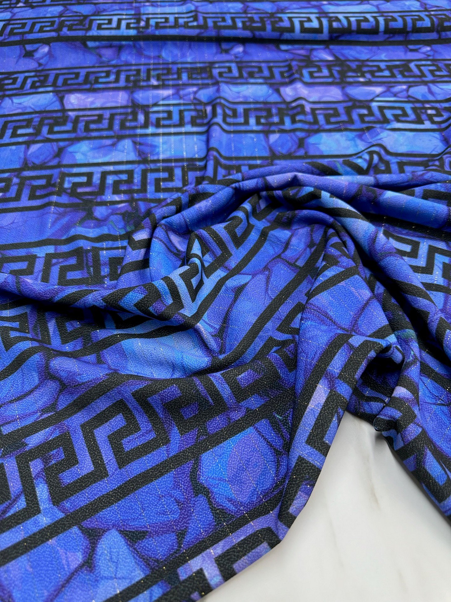 Mavi Yunan Motifler Desen Elbiselik Gömleklik Krep Kumaş