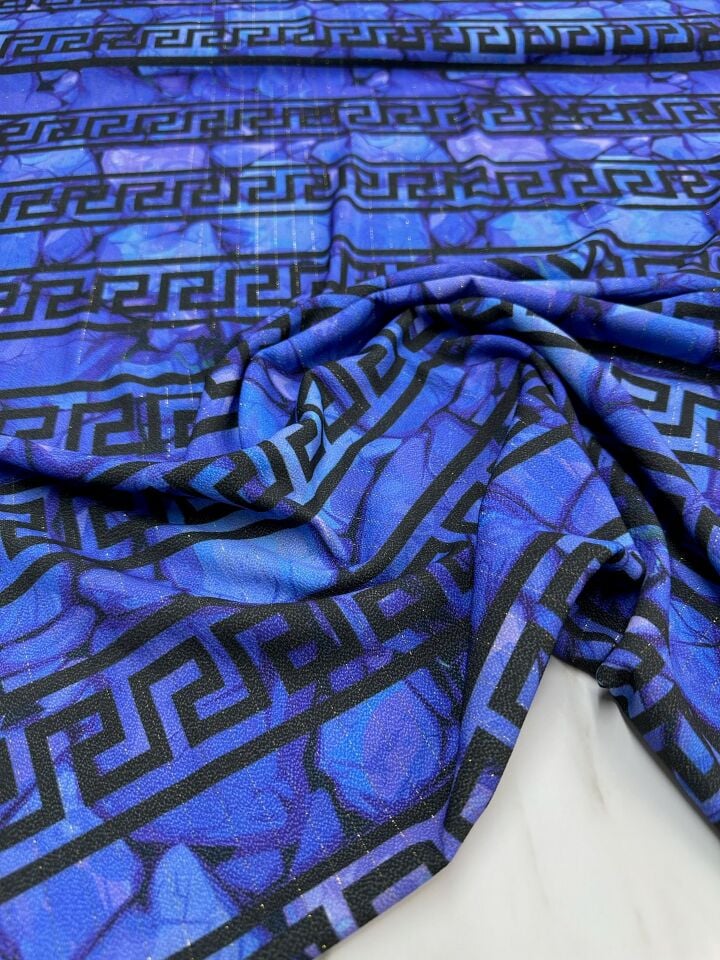 Mavi Yunan Motifler Desen Elbiselik Gömleklik Krep Kumaş