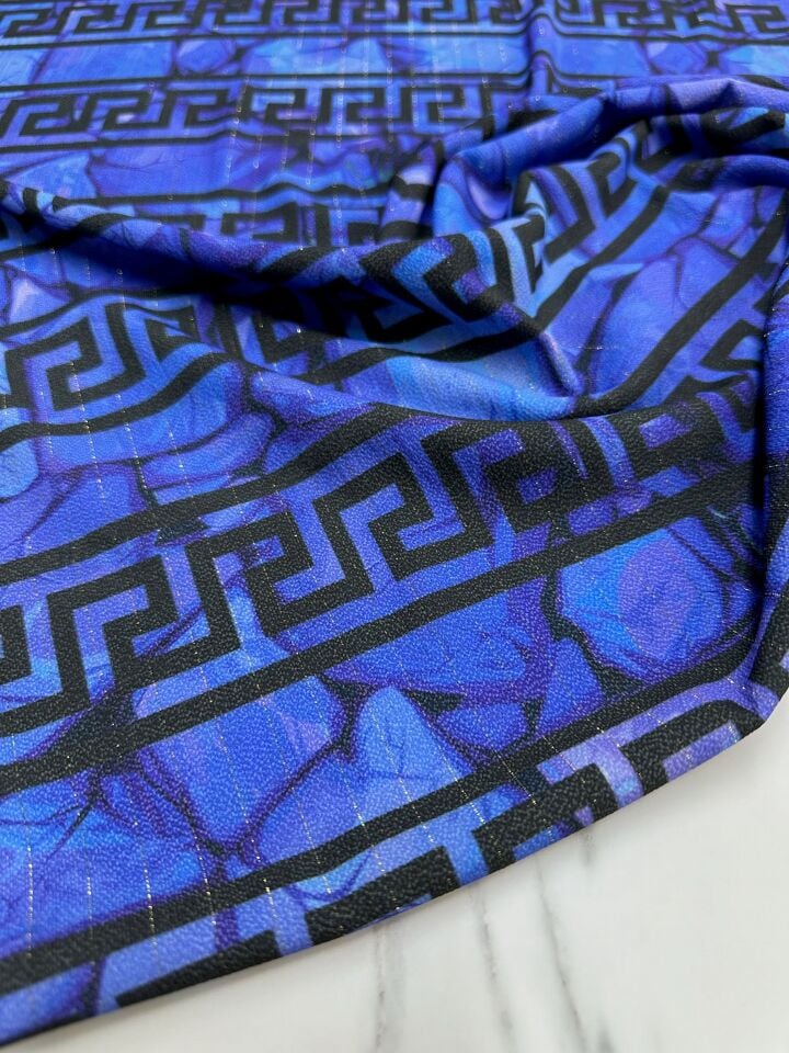 Mavi Yunan Motifler Desen Elbiselik Gömleklik Krep Kumaş