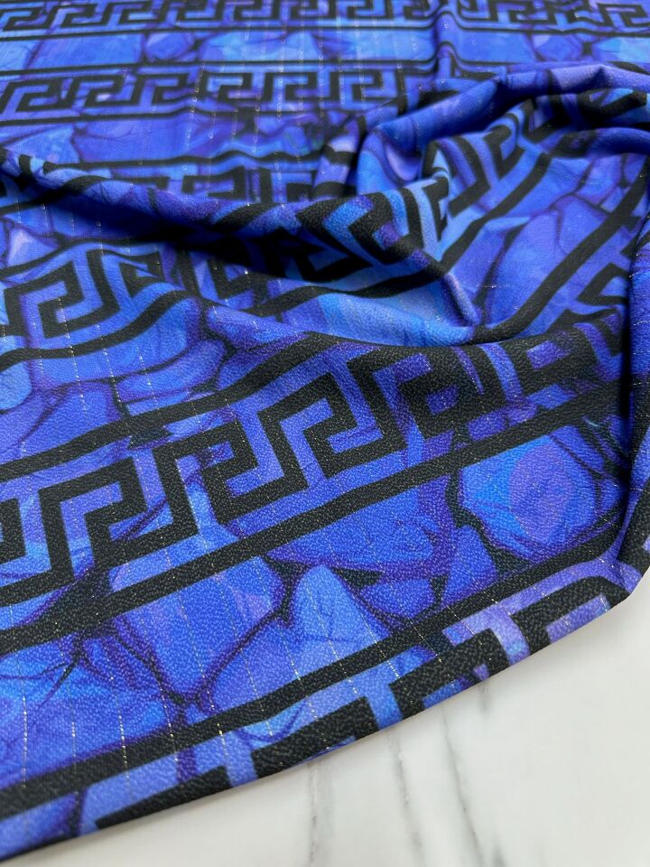 Mavi Yunan Motifler Desen Elbiselik Gömleklik Krep Kumaş