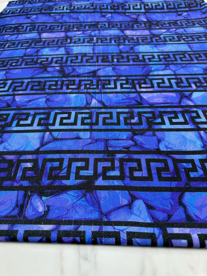 Mavi Yunan Motifler Desen Elbiselik Gömleklik Krep Kumaş