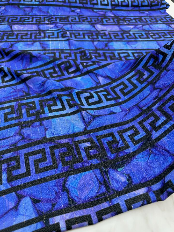 Mavi Yunan Motifler Desen Elbiselik Gömleklik Krep Kumaş