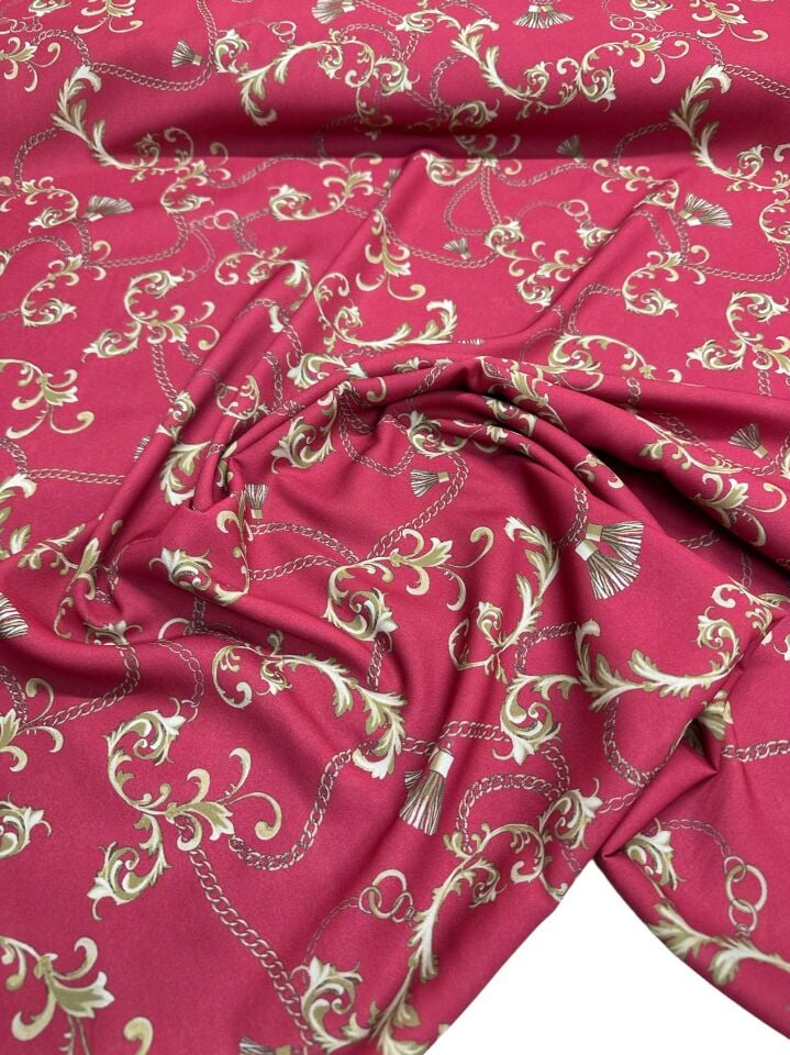 Kırmızı Zincir Desen Elbiselik Gömleklik Krep Kumaş