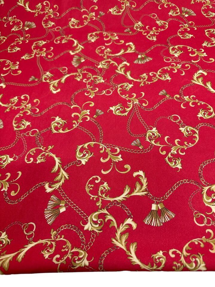 Kırmızı Zincir Desen Elbiselik Gömleklik Krep Kumaş