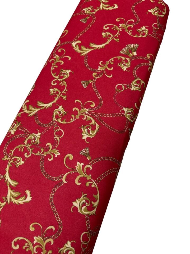 Kırmızı Zincir Desen Elbiselik Gömleklik Krep Kumaş