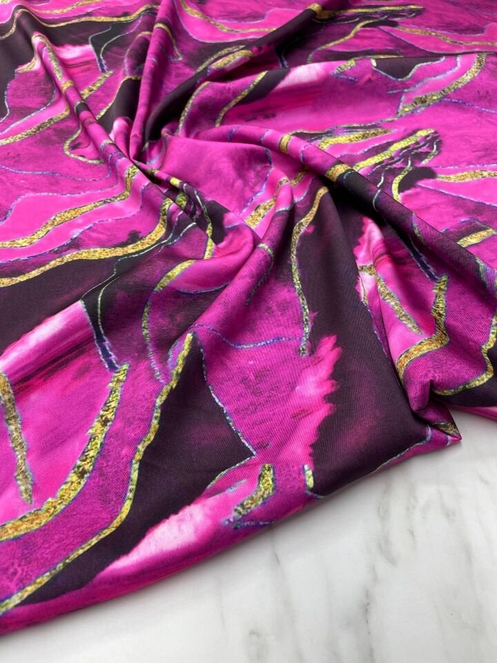 Fuşya Mermer Desen Elbiselik Gömleklik Tivil Saten Kumaş