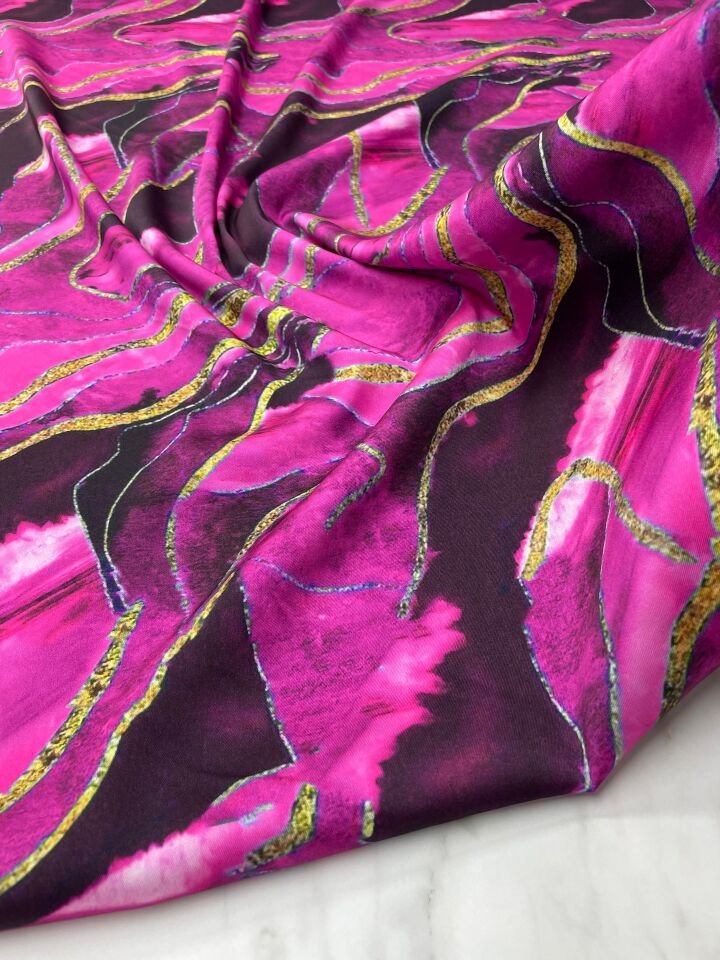 Fuşya Mermer Desen Elbiselik Gömleklik Tivil Saten Kumaş