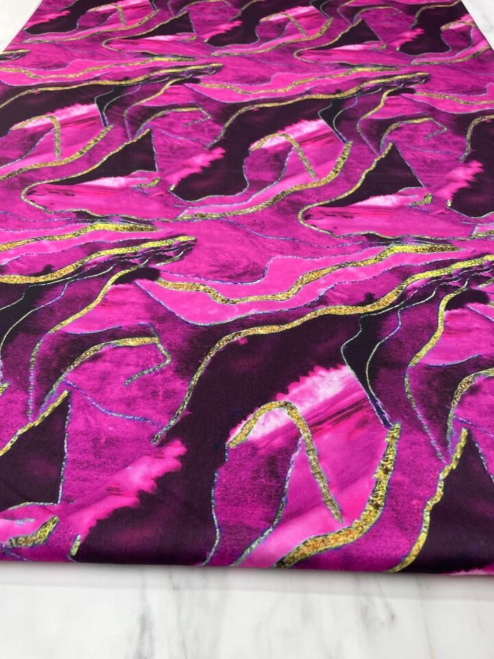 Fuşya Mermer Desen Elbiselik Gömleklik Tivil Saten Kumaş