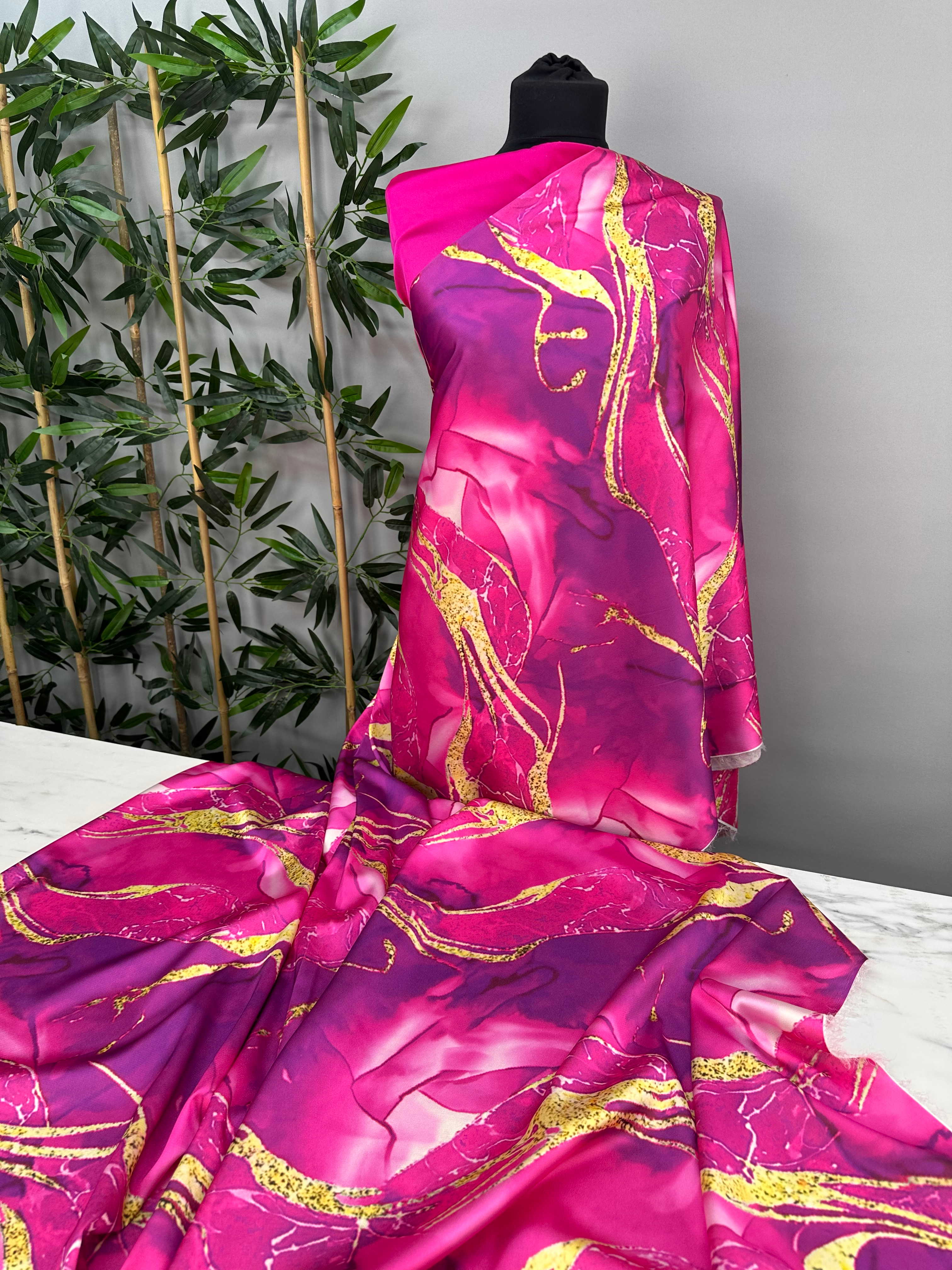 Fuşya Desen Elbiselik Gömleklik Tivil Saten Kumaş