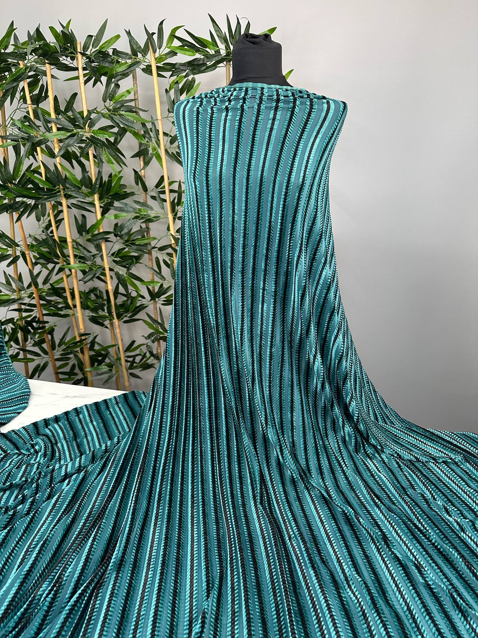 Petrol Yeşili Enine Desen İpek Kadife Elbise Etek Pantolon Şalvar