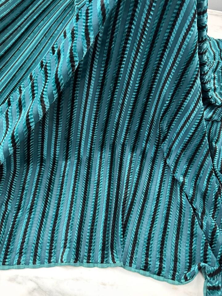 Petrol Yeşili Enine Desen İpek Kadife Elbise Etek Pantolon Şalvar