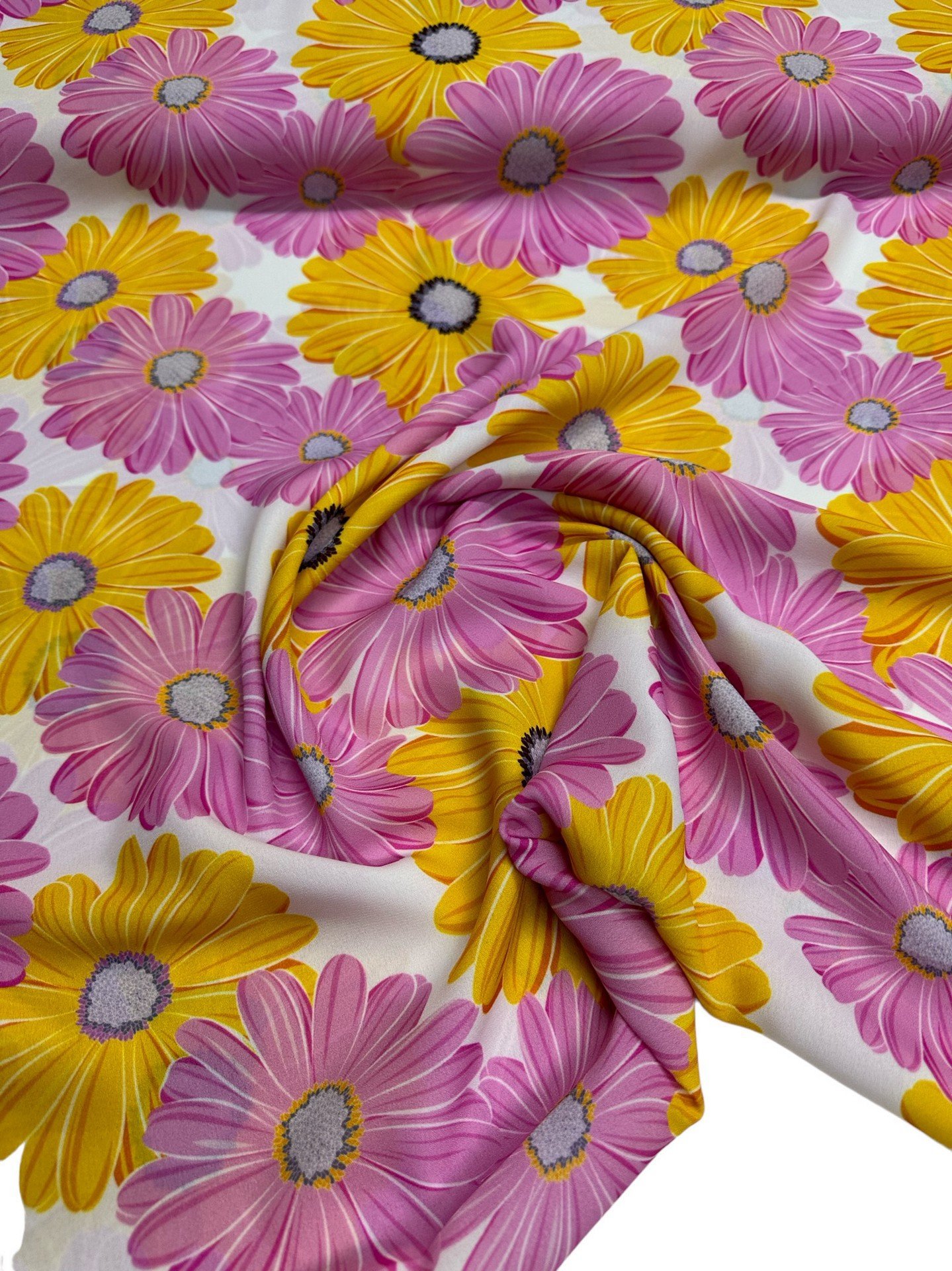 Pembe Sarı Çiçek Desen Elbiselik Gömleklik Krep Kumaş