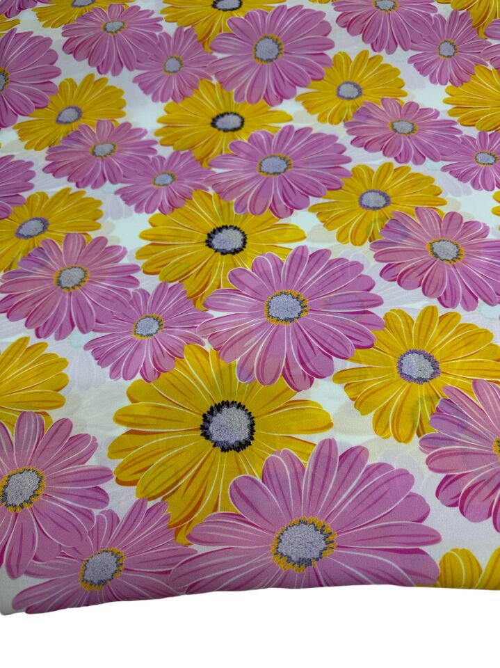 Pembe Sarı Çiçek Desen Elbiselik Gömleklik Krep Kumaş