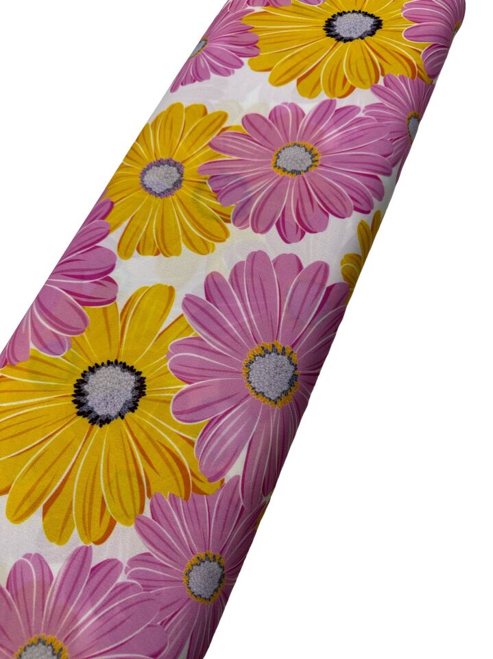 Pembe Sarı Çiçek Desen Elbiselik Gömleklik Krep Kumaş