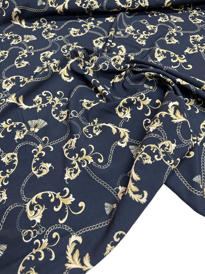 Siyah Zincir Desen Elbiselik Gömleklik Krep Kumaş