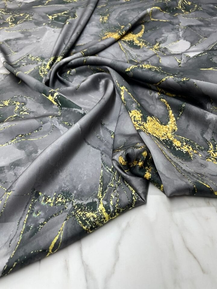 Koyu Gri Mermer Desen Elbiselik Gömleklik Tivil Saten Kumaş