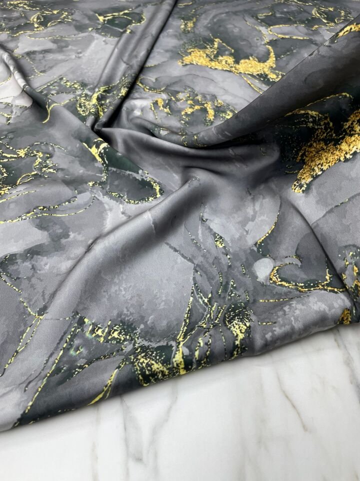 Koyu Gri Mermer Desen Elbiselik Gömleklik Tivil Saten Kumaş