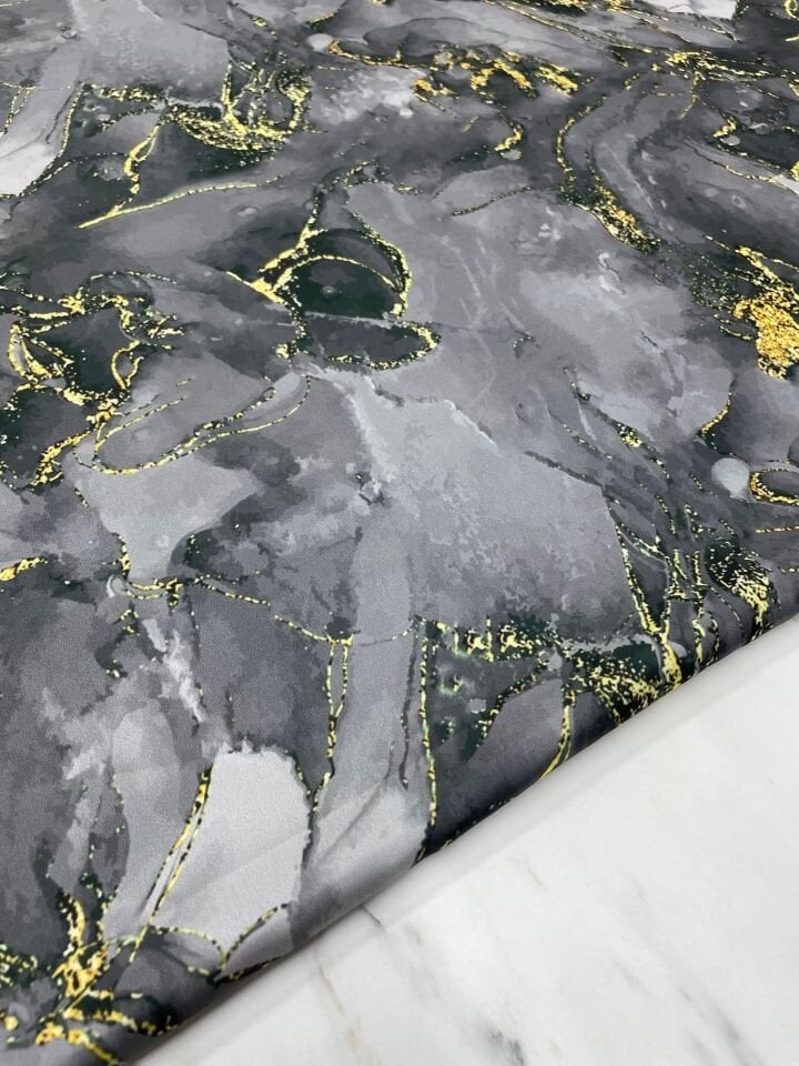Koyu Gri Mermer Desen Elbiselik Gömleklik Tivil Saten Kumaş