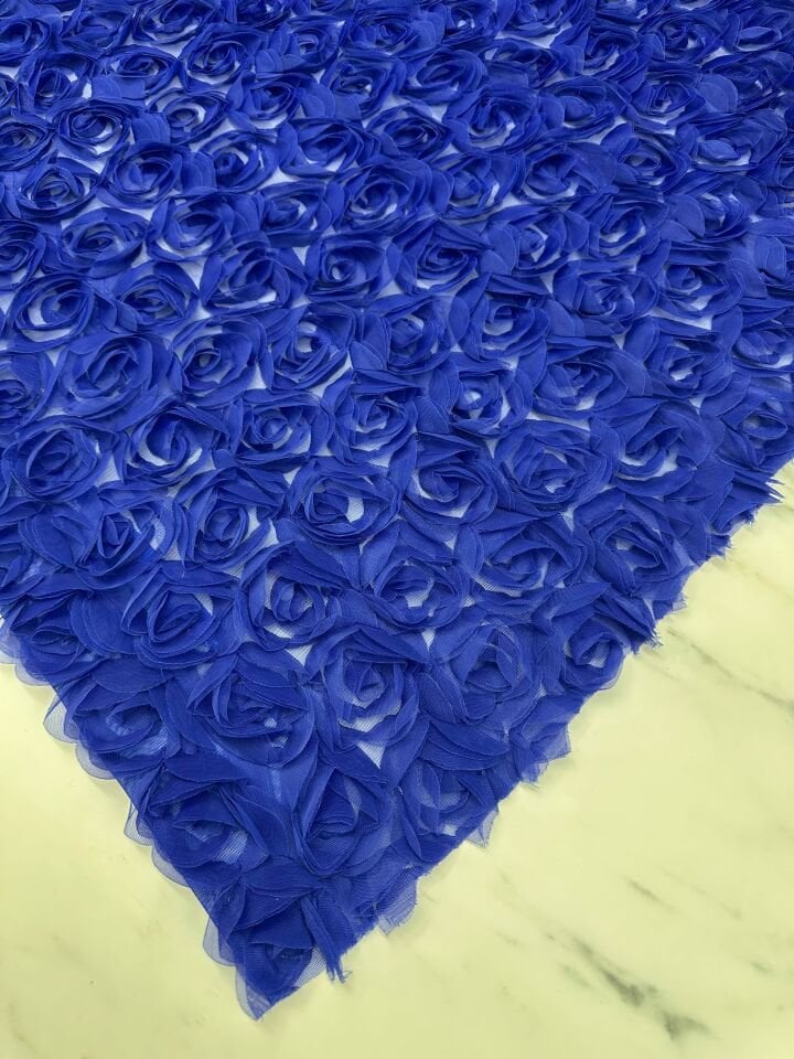 Saks Mavi Gül Desen Abiye Elbise Gömlek Etek Tül Kumaş