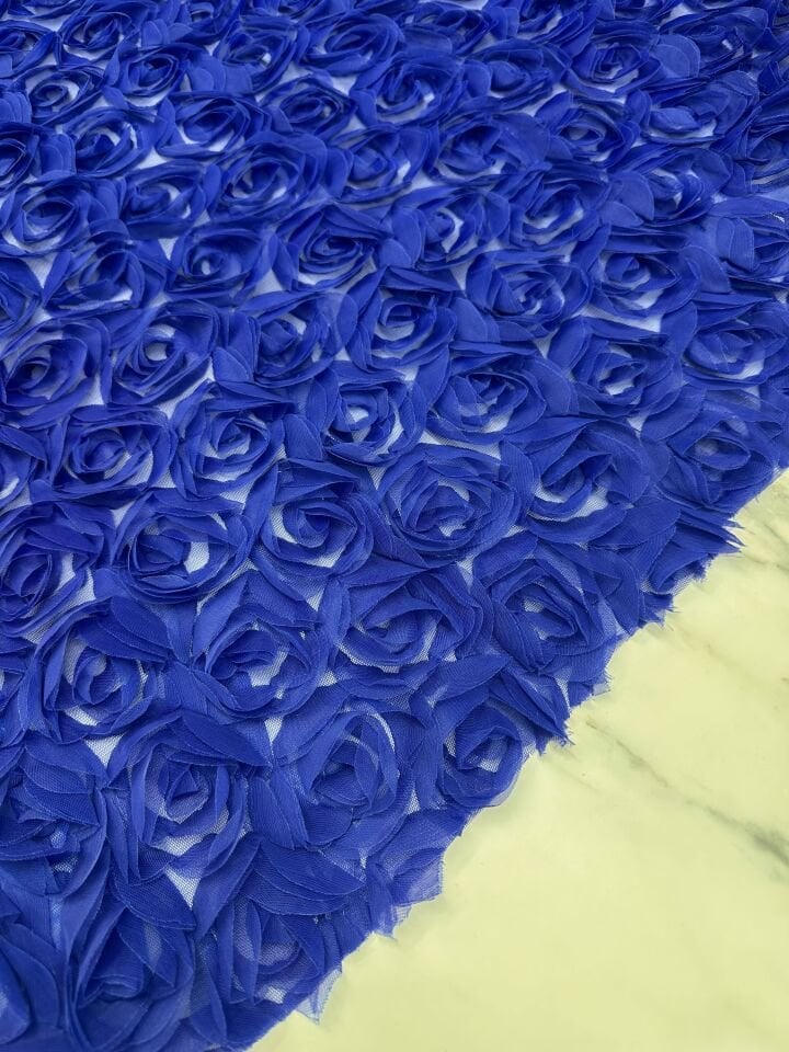 Saks Mavi Gül Desen Abiye Elbise Gömlek Etek Tül Kumaş
