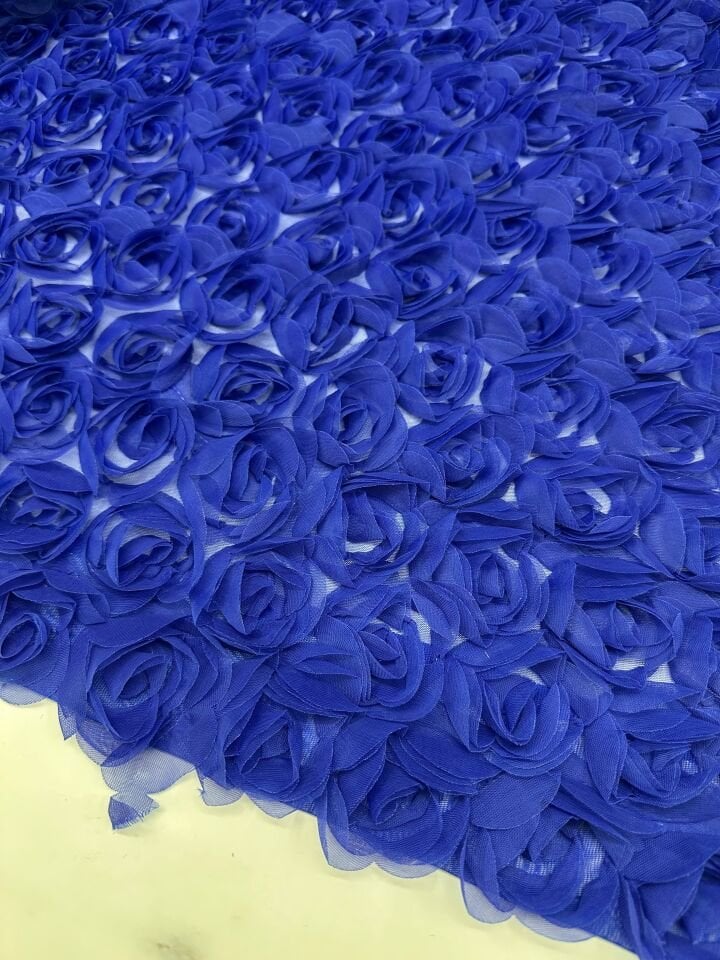 Saks Mavi Gül Desen Abiye Elbise Gömlek Etek Tül Kumaş