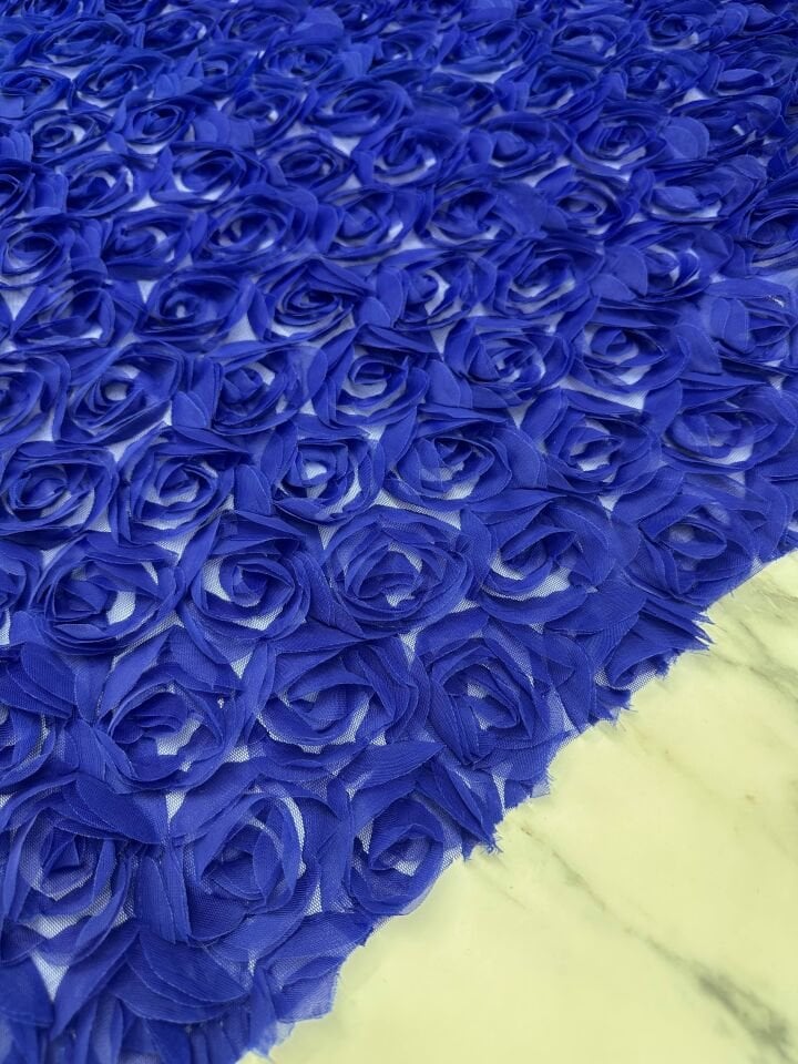 Saks Mavi Gül Desen Abiye Elbise Gömlek Etek Tül Kumaş