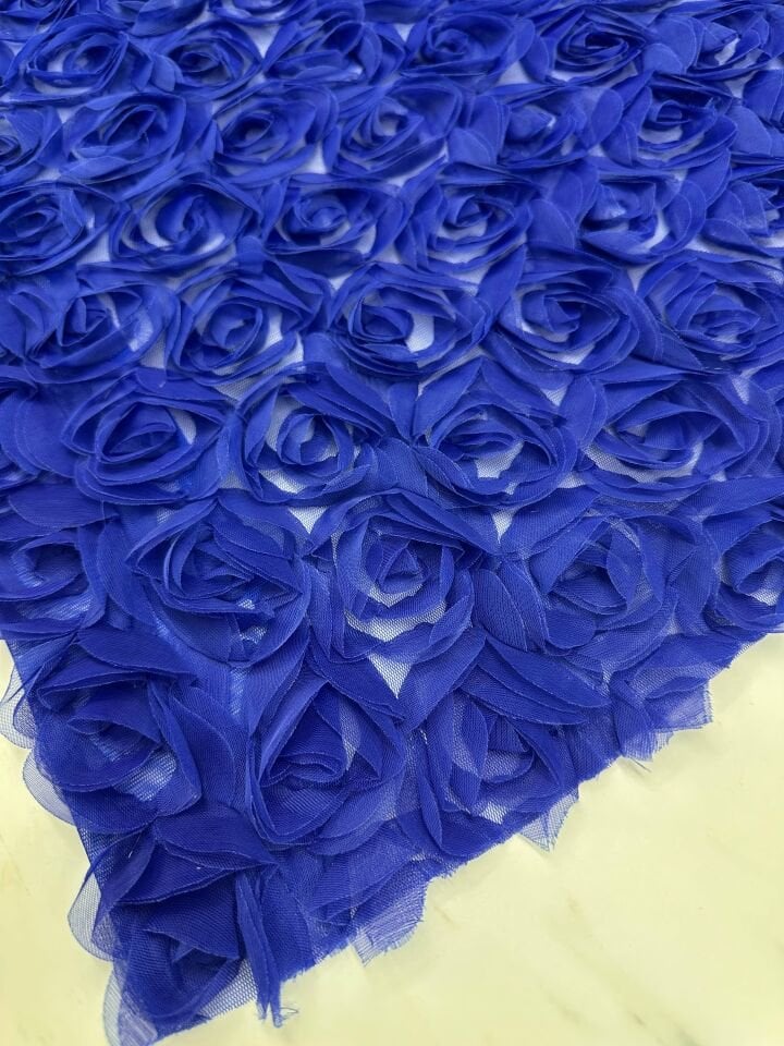 Saks Mavi Gül Desen Abiye Elbise Gömlek Etek Tül Kumaş