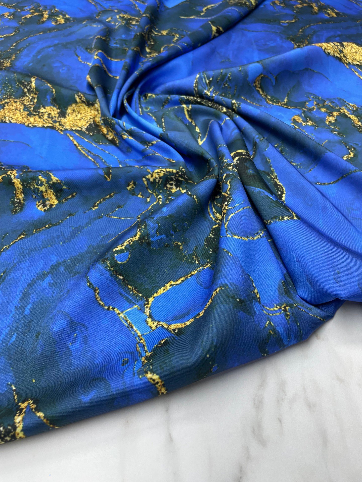 Mavi Mermer Desen Elbiselik Gömleklik Tivil Saten Kumaş