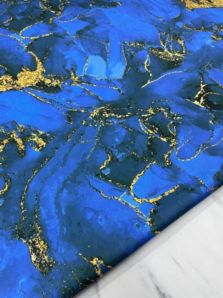 Mavi Mermer Desen Elbiselik Gömleklik Tivil Saten Kumaş