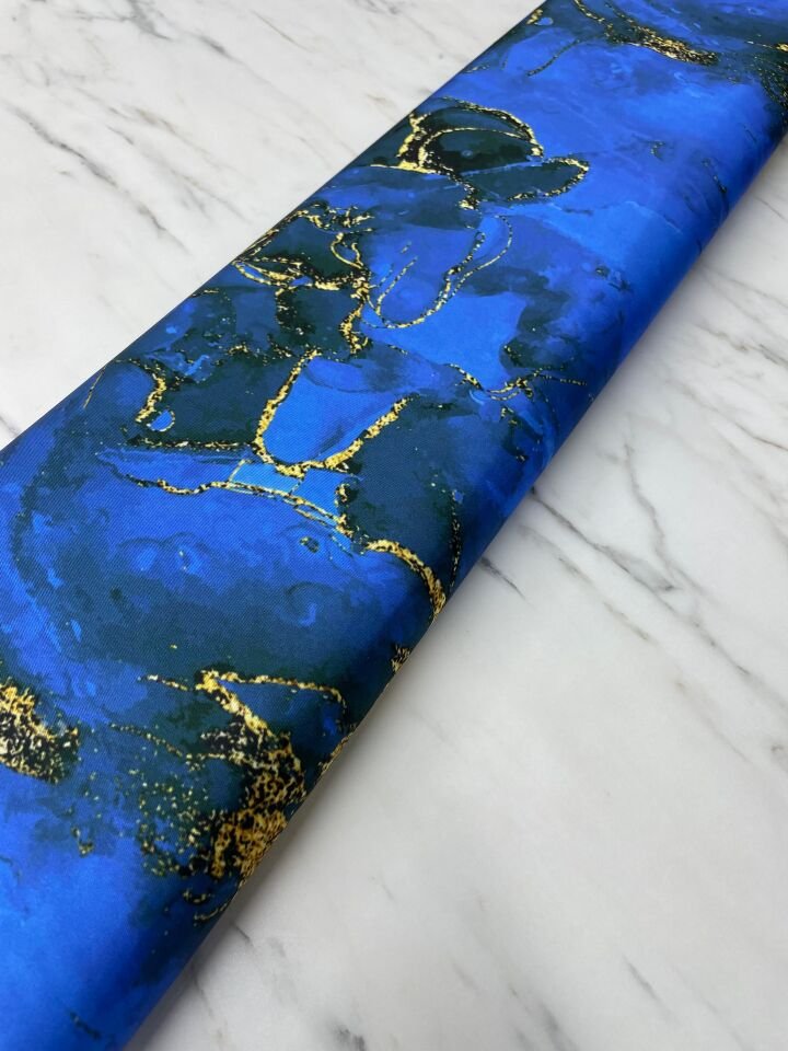 Mavi Mermer Desen Elbiselik Gömleklik Tivil Saten Kumaş