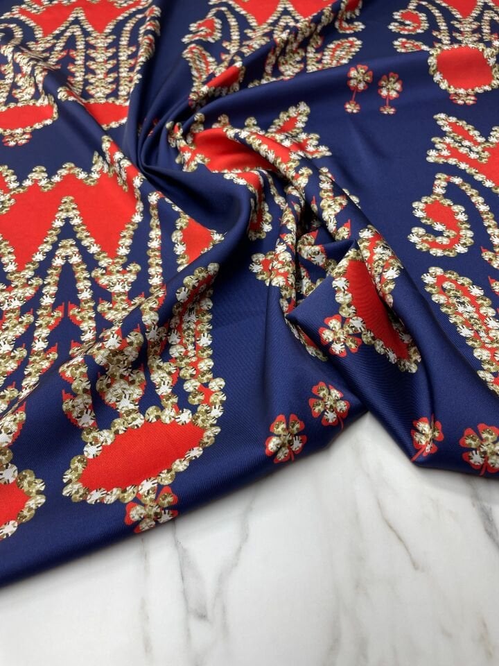 Lacivert İkat Desen Elbiselik Gömleklik Tivil Saten Kumaş