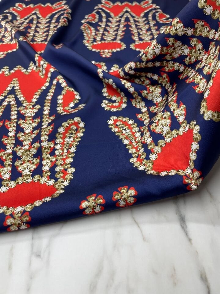 Lacivert İkat Desen Elbiselik Gömleklik Tivil Saten Kumaş