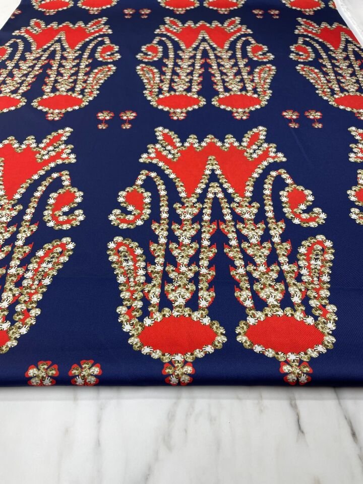 Lacivert İkat Desen Elbiselik Gömleklik Tivil Saten Kumaş