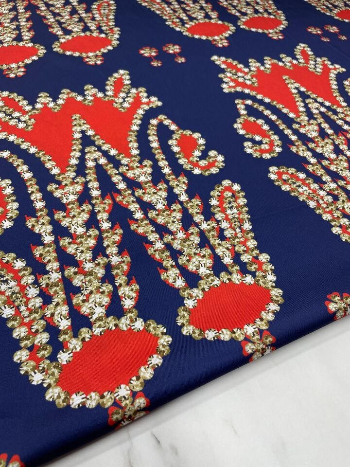 Lacivert İkat Desen Elbiselik Gömleklik Tivil Saten Kumaş