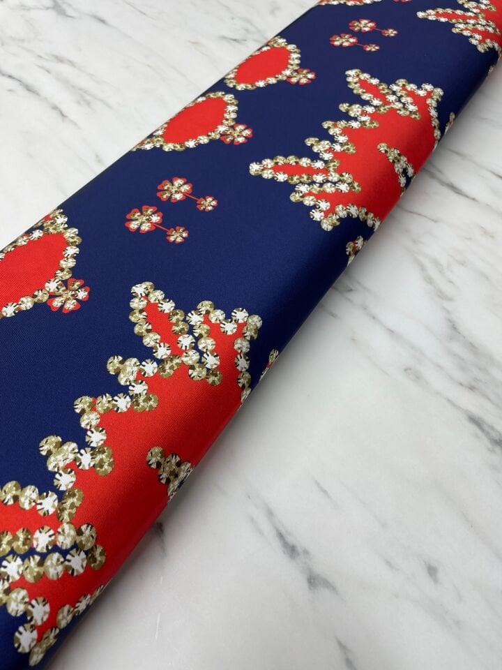 Lacivert İkat Desen Elbiselik Gömleklik Tivil Saten Kumaş