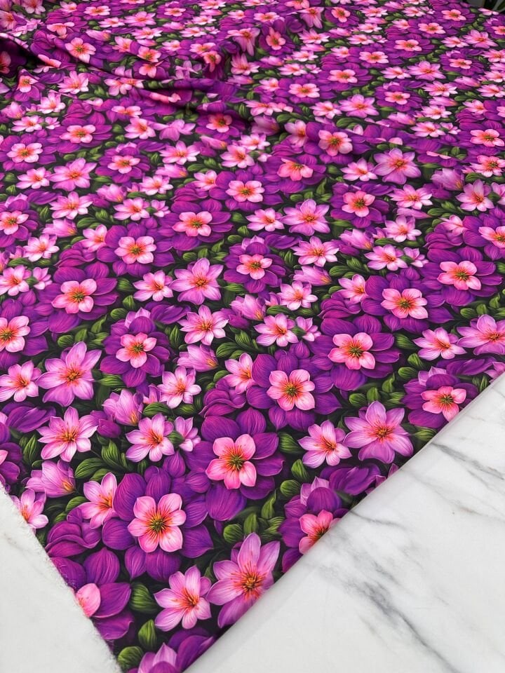 Menekşe Çiçek Desen Dijital Baskı Krep Kumaş Elbise Gömlek Tunik Şalvar