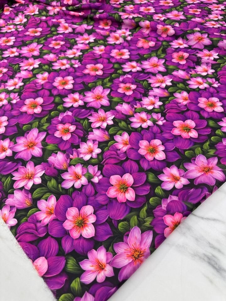 Menekşe Çiçek Desen Dijital Baskı Krep Kumaş Elbise Gömlek Tunik Şalvar