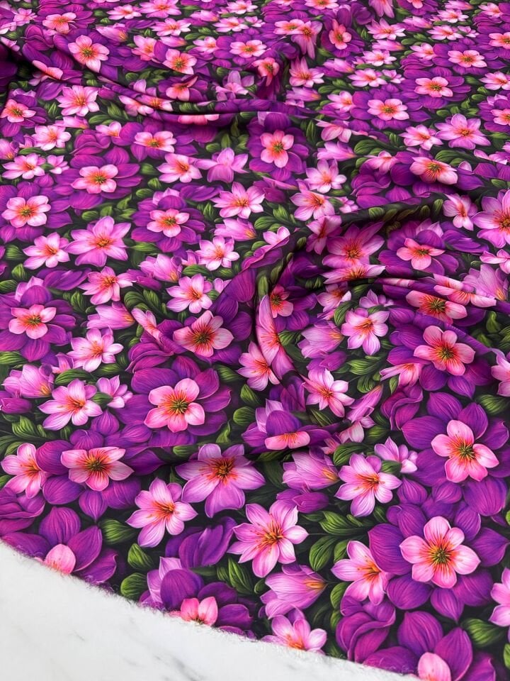 Menekşe Çiçek Desen Dijital Baskı Krep Kumaş Elbise Gömlek Tunik Şalvar