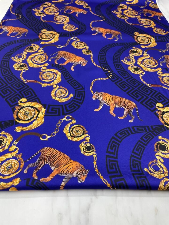 Mavi Kaplan Desen Elbiselik Gömleklik Tivil Saten Kumaş