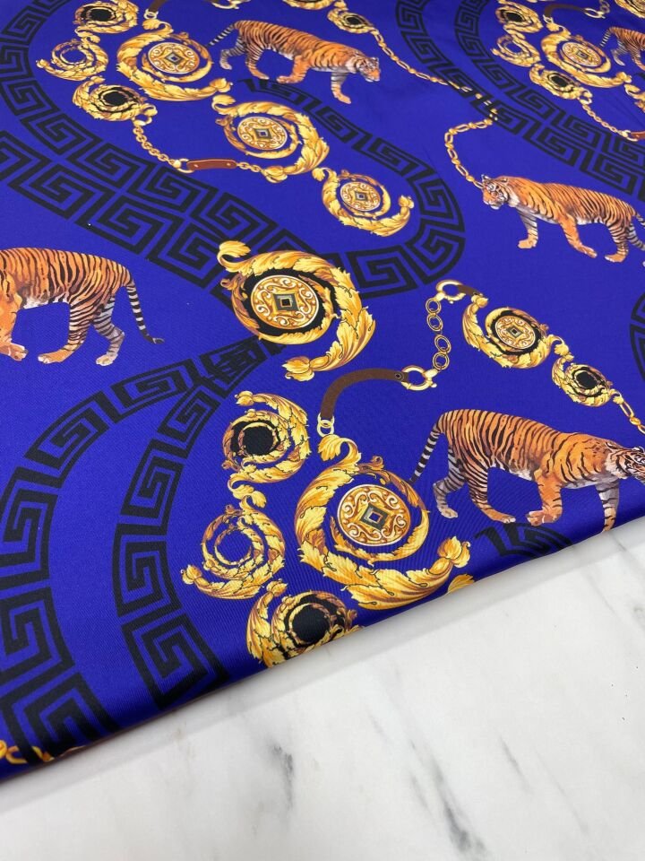Mavi Kaplan Desen Elbiselik Gömleklik Tivil Saten Kumaş