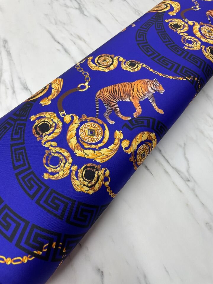 Mavi Kaplan Desen Elbiselik Gömleklik Tivil Saten Kumaş