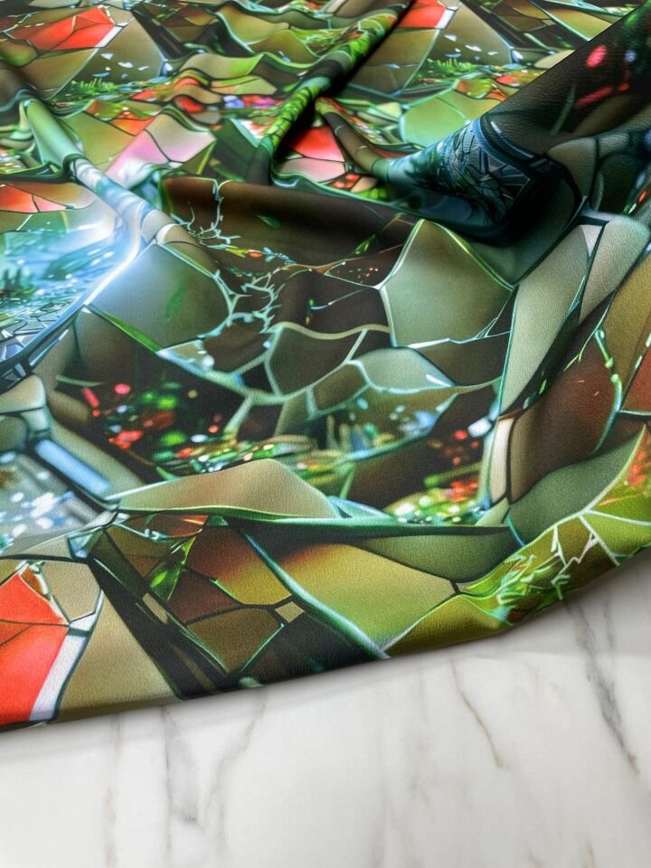 Yeşil Kristal Desen Elbiselik Gömleklik Tivil Saten Kumaş